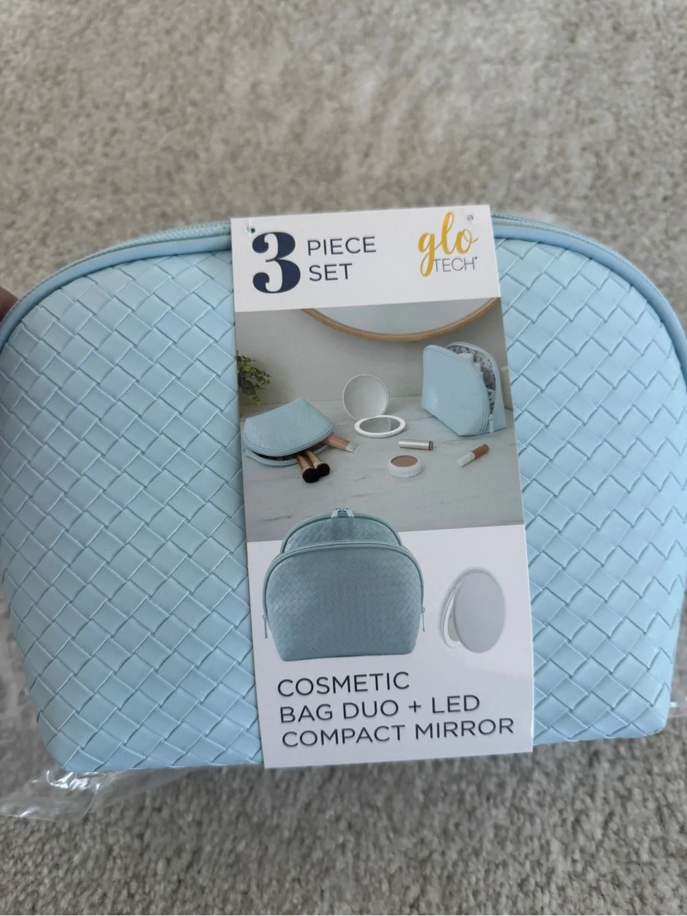 Glo Tech 3-Piece Cosmetic Bag Duo + LED Compact Mirror, Light Blue - NWT